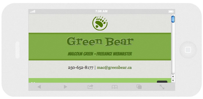 greenbear.ca as seen on the iphone5 example of this site on a mobile device displaying responsive web